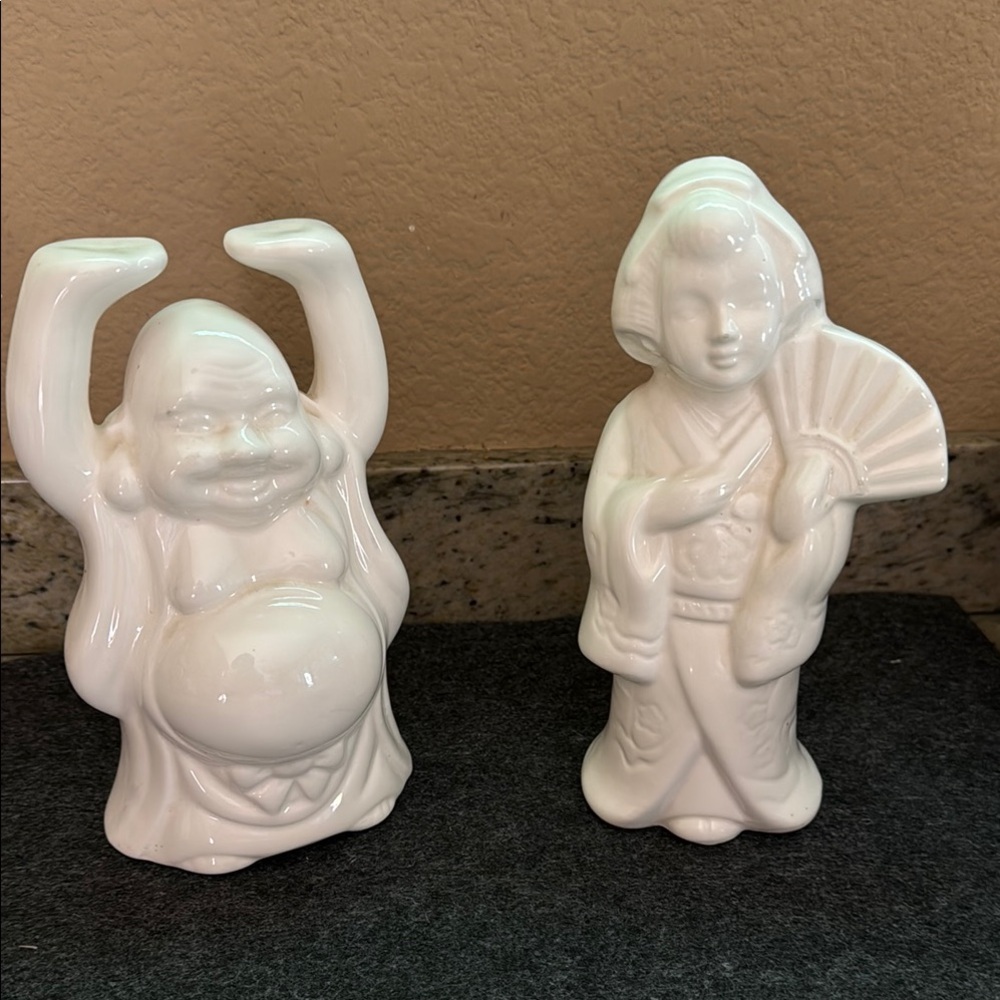 Vintage White Japanese Ceramic Buddha and Geisha Saki Vase Figurines